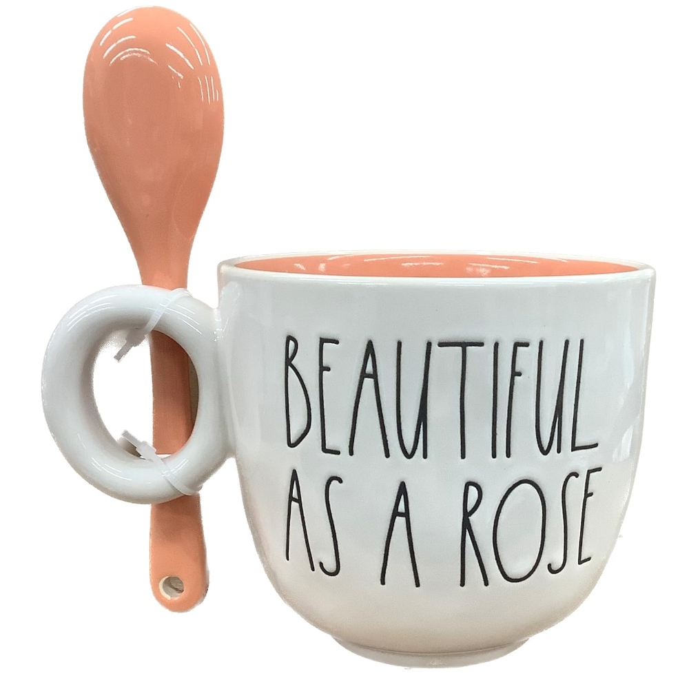 Rae Dunn White Ceramic Mug with Yellow Dress Illustration and Peach Spoon - Picture 2 of 2